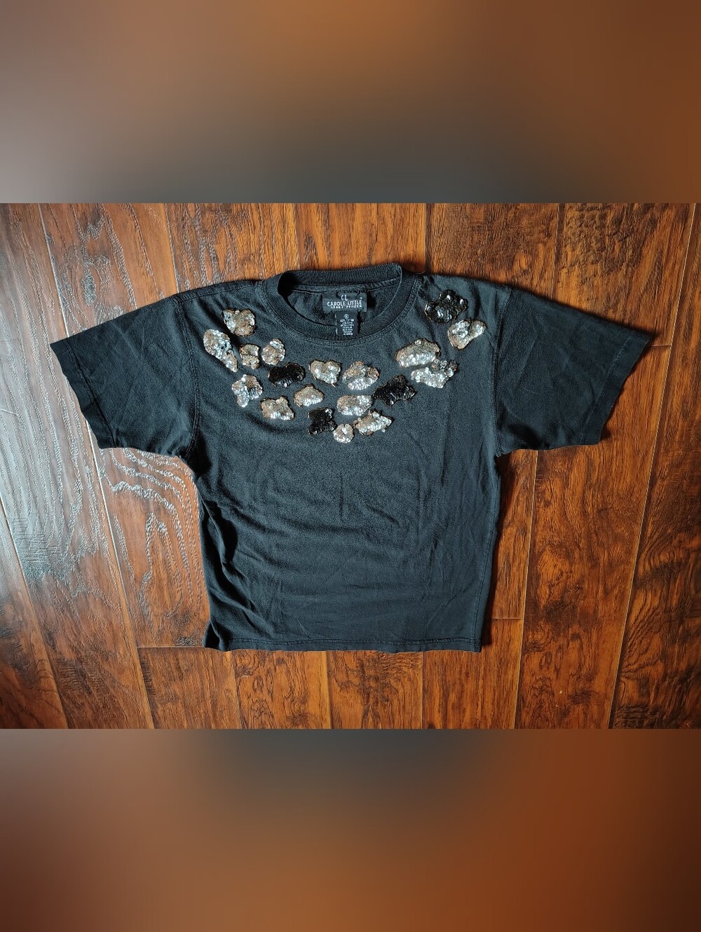 Vintage 90s Carole Little animal print sequins black T-shirt Size S Cotton